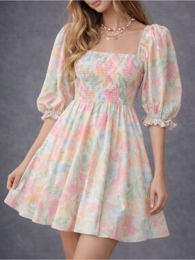 Selkie Grapefruit Maria Mini Dress S EUC Puff Sleeve Babydoll Pink Cottagecore